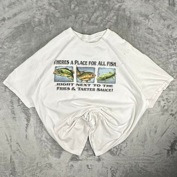 VTG 00s There’s A Place For All Fish Next To Fries&Tartar Sauce White Tshirt XL - Picture 1 of 8